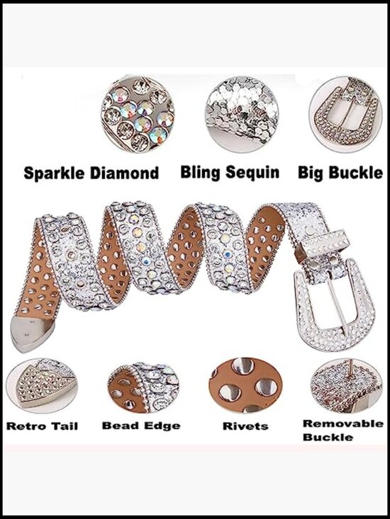 Rhinestone Studded Dressy Belt with Diamond Buckle - Faux Leather main image 4